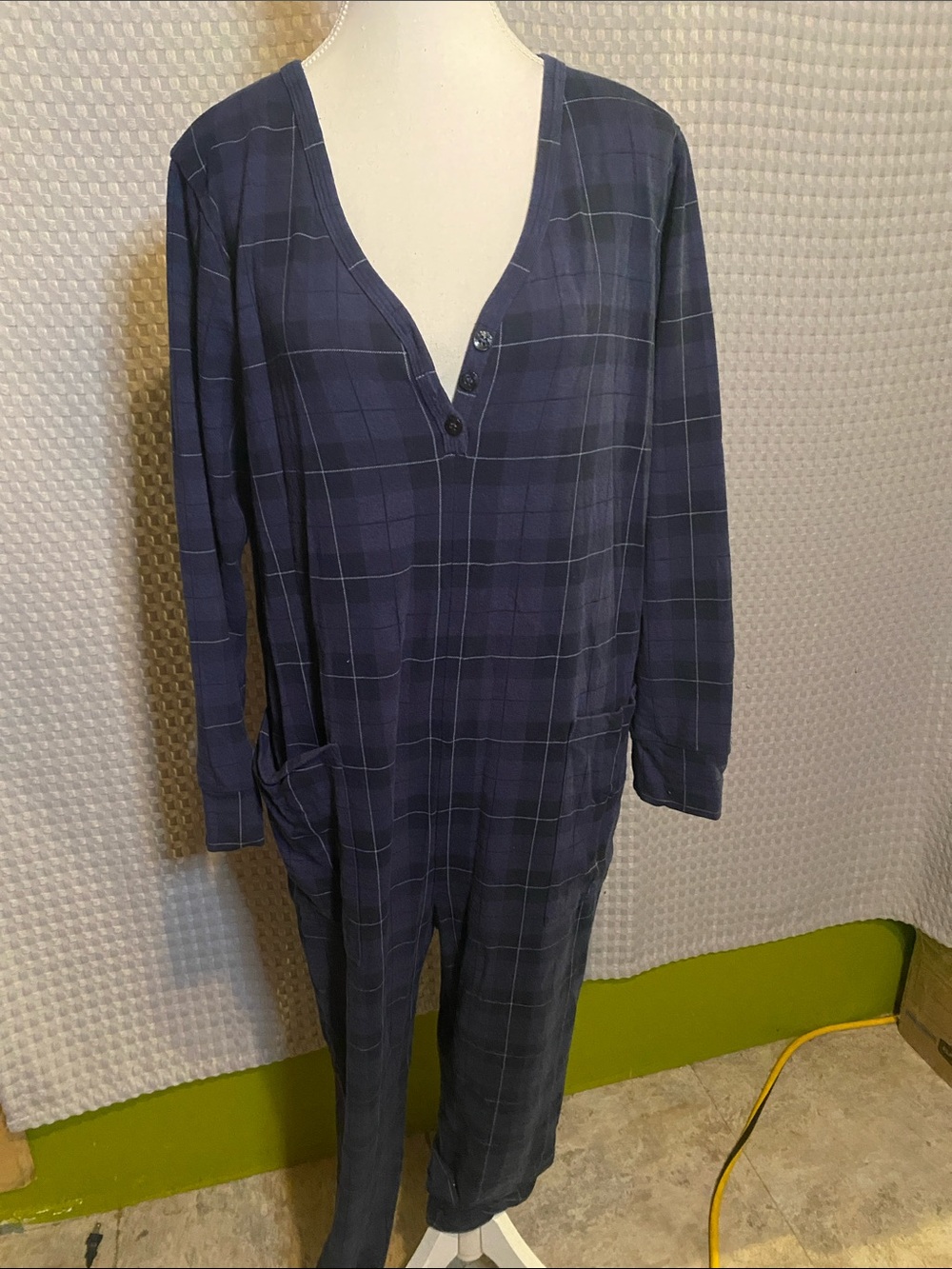 Smash + Tess Navy Plaid Long-Sleeve Sleep Romper
